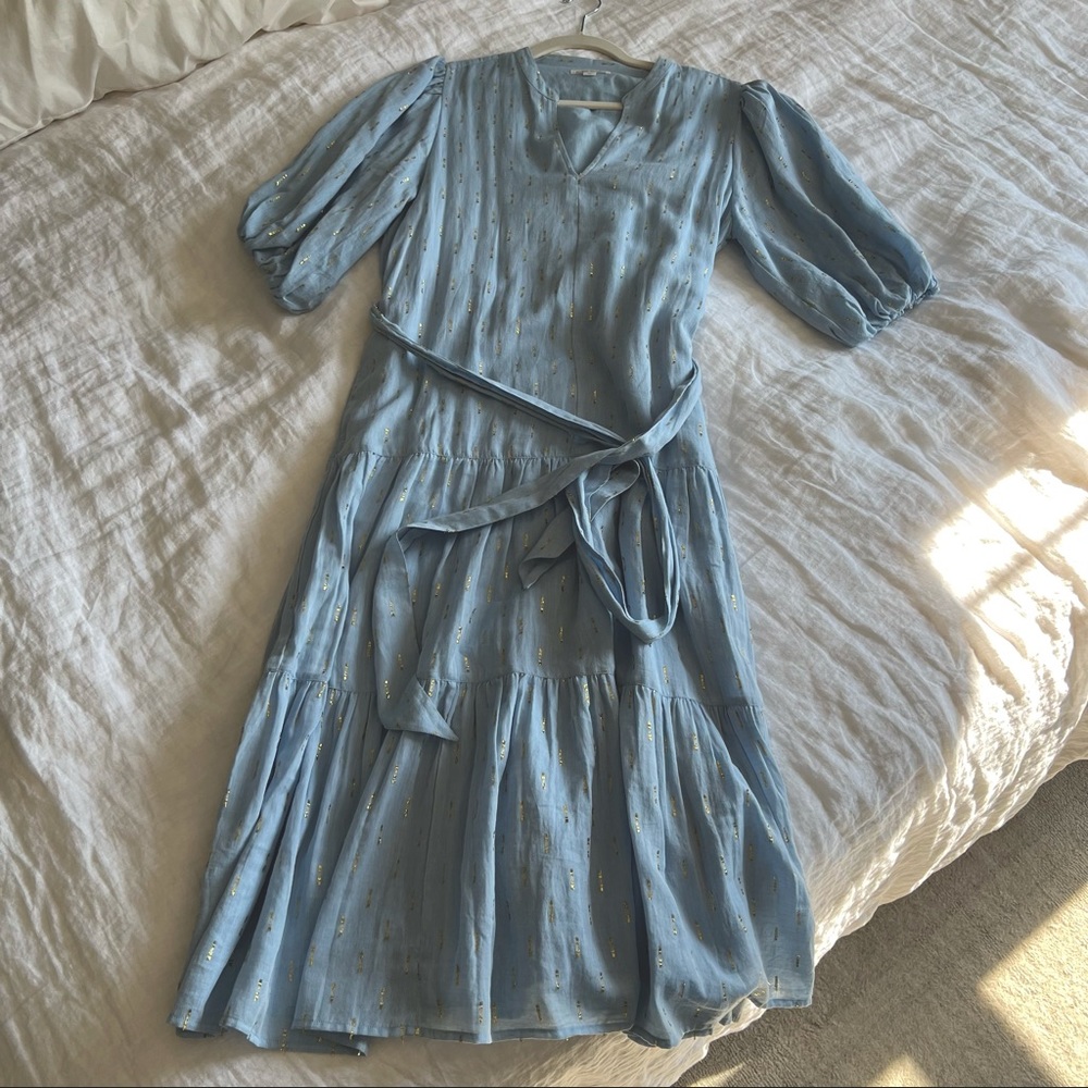 Roller Rabbit Light Blue Wrap Midi Dress with Gold Accents